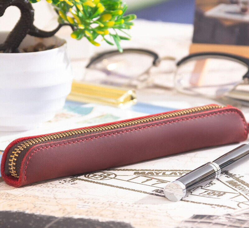 Handmade Cowhide Leather Vintage Zipper Pencil Case mini Single Pen Bag