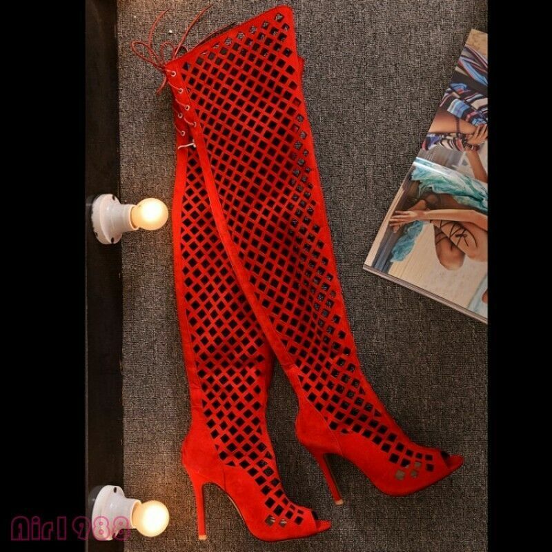 Sexy Womens Over Knee Thigh High Boots Hollow Out High Heels Gladiator Sandals @