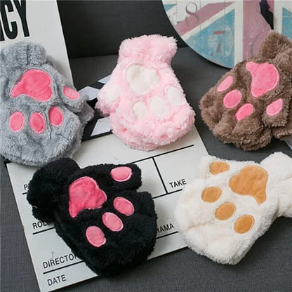 Women Fingerless Gloves Plush Fluffy Cat Paw Claw Panda Mittens Warm Winter Wear