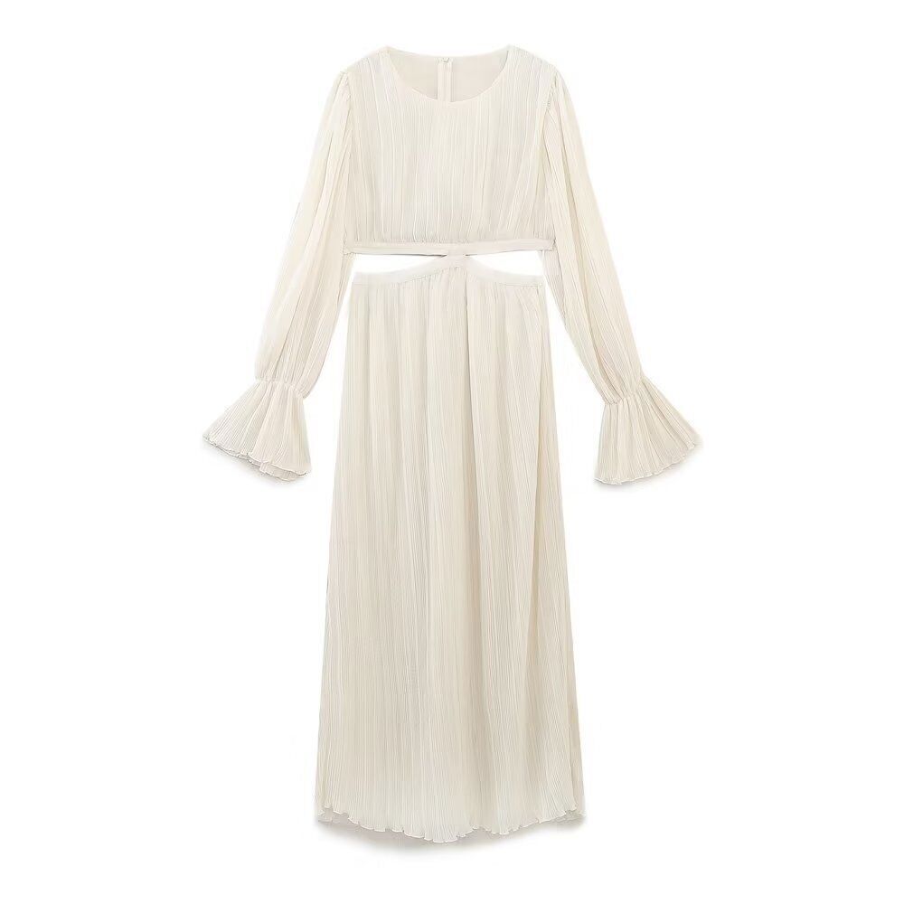 Women French Open Waist Trumpet Sleeve Fold Dress Vintage Female Dresses