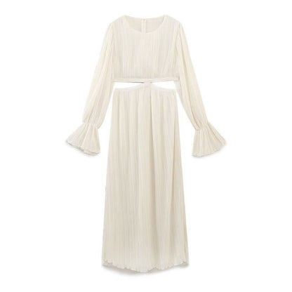 Women French Open Waist Trumpet Sleeve Fold Dress Vintage Female Dresses