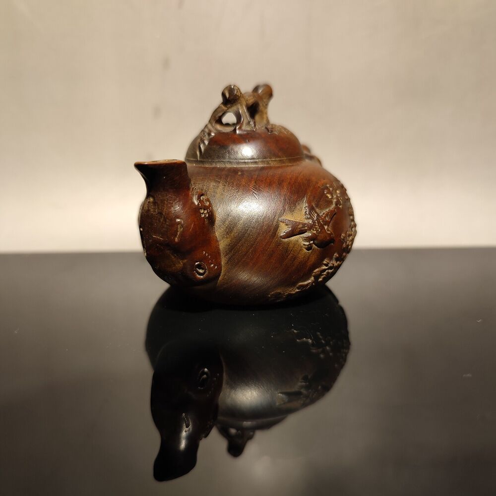 Chinese Antique Boxwood Carved Magpie Teapot Statue hobbies interests mahjong