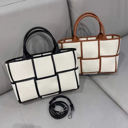 Woven Canvas & Leather Tote bag Purse Handbag Fashion w/ Zip Bag Crossbody Strap