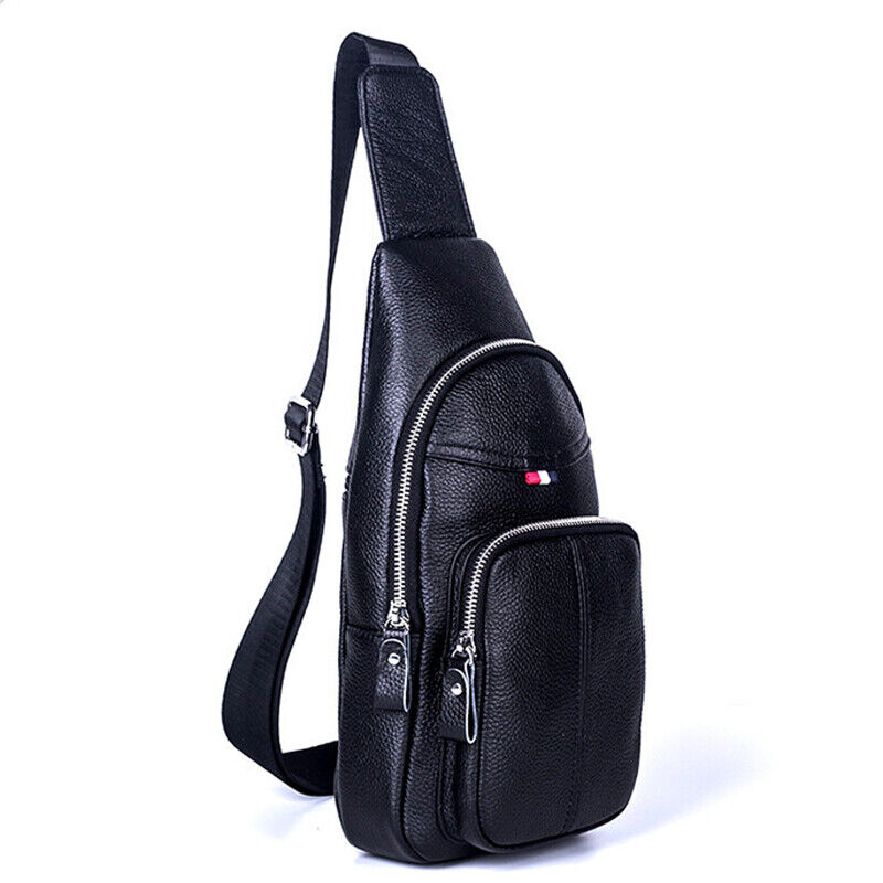 Black Sling Backpack Men's Genuine Leather Crossbody Chest Bags Casual Daypack