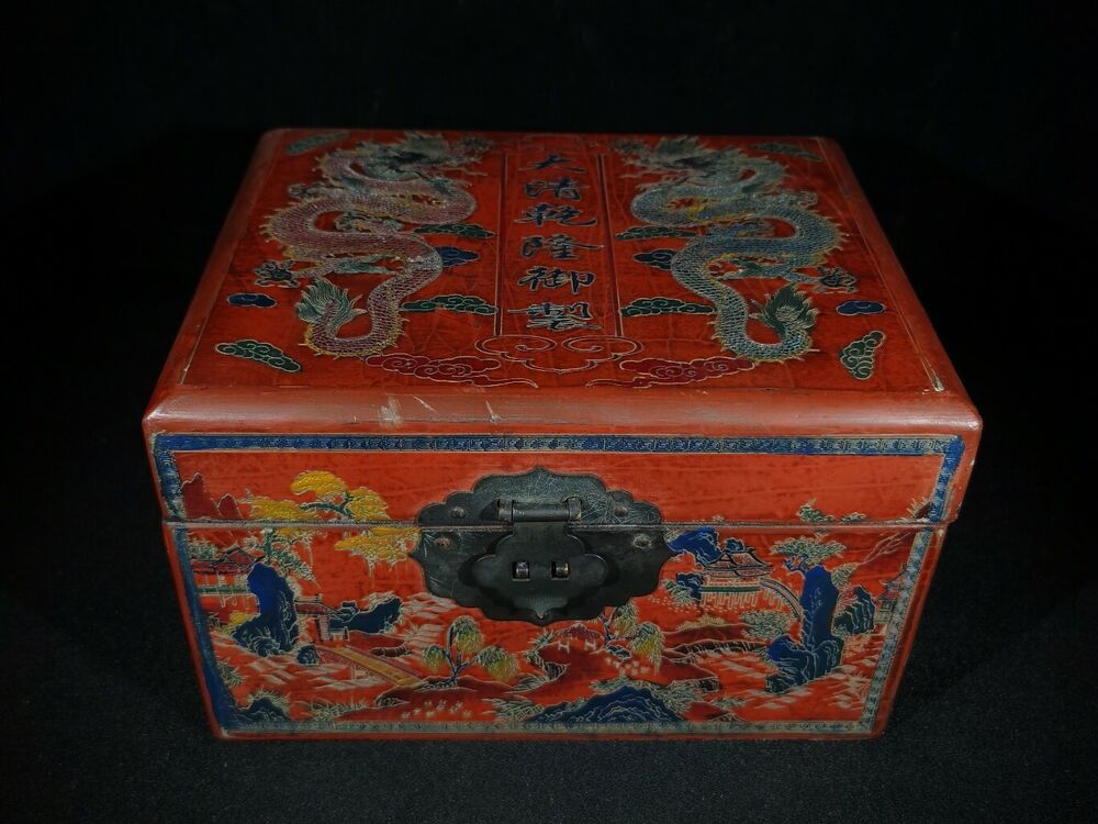 7.8" antique chinese jewelry box dragon sculpture statue qing qianlong seal box