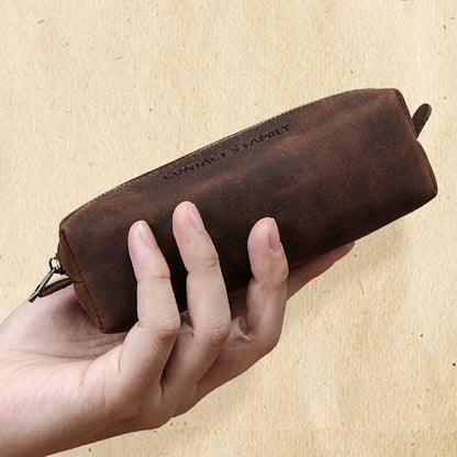 Handmade Cowhide Leather Pen Pouch Zipper Pencil Case Stationery Storage Pen Bag