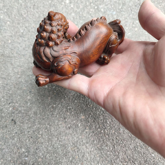 Chinese Unicorn Fabulous Kylin Dragon Statue Figurines Boxwood Carving Gift Art