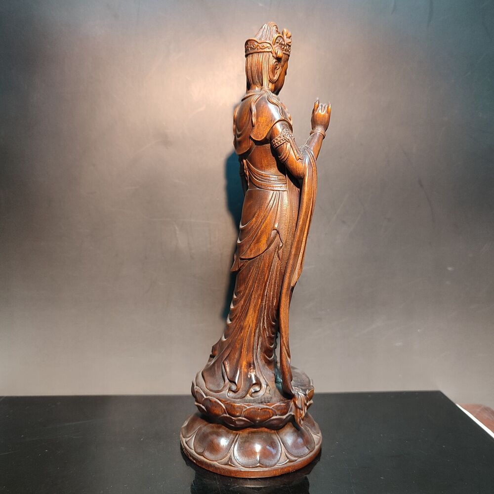 8" Carved Guan Yin Statue Wooden Buddha Quan Kwan Yin Bodhisattva Praying Figure