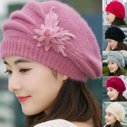 Women Winter Warm Baggy Beanie Beret Knit Flower Crochet Hat Casual Cap Gifts