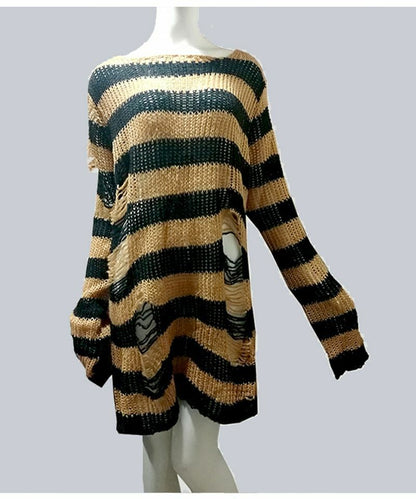 Unisex Sweater Plus Size Punk Long Dress Hollow Hole Broken Jumper Loose Thin