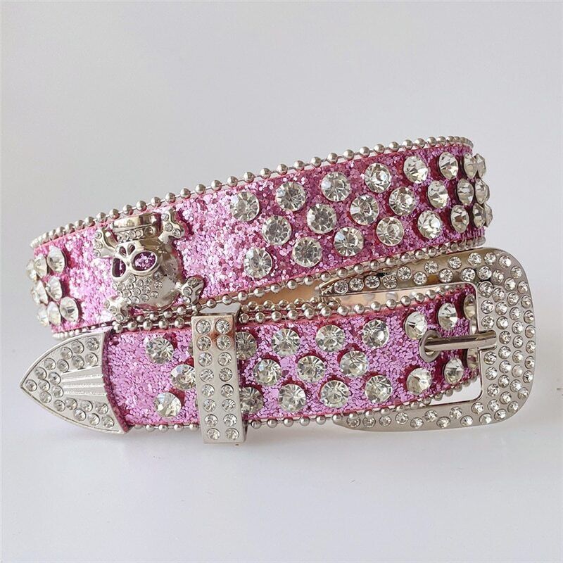 Women Punk Belt Rhinestone Skull Men Goth Western Cowboy Bling Jeans Strap 115cm