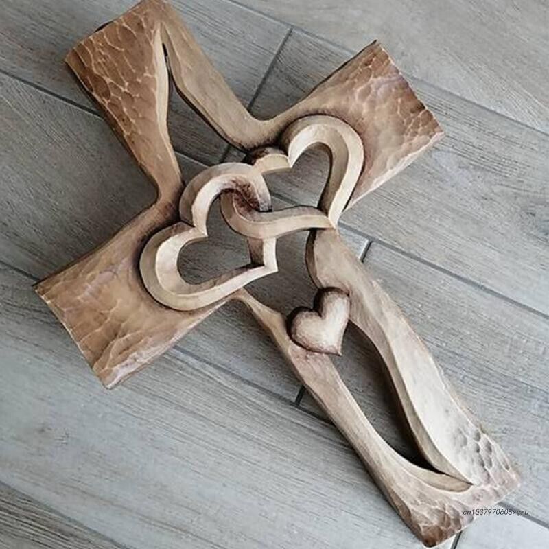 Carved Wood Cross Intertwined Hearts Christian Crucifix Religious Decors 16x23cm