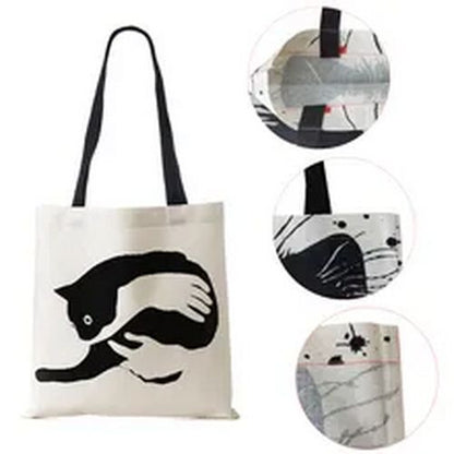 Tote Bags Black Cat Printed Linen Fabric Eco Handbag Shopping Reusable Shoulder