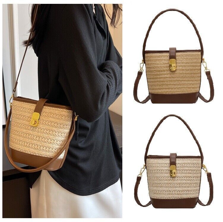Straw Woven Bucket Shoulder Bags PU Leather Summer Fashion Designer BeachHandbag