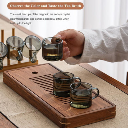 Mini Glass Tea Cups with Wooden Holder Set Chinese Tea Utensil Decor Gift 7 Pcs