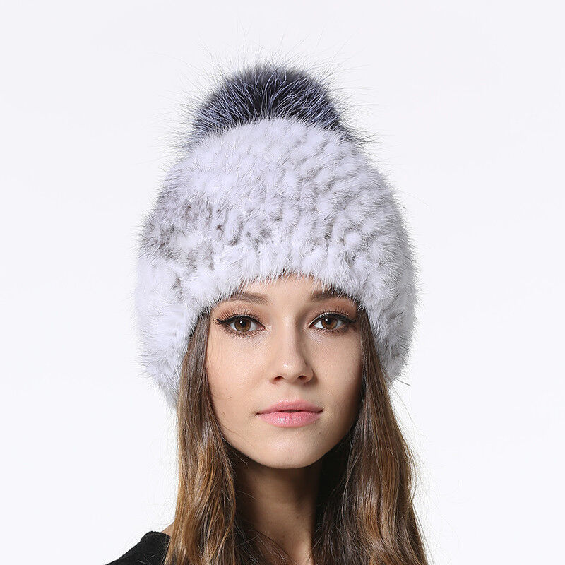 Winter Mink Fur Hats Beanies Women Real Silver Fox Fur Ball Caps Knitting Liner