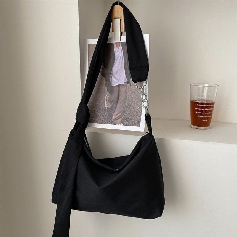 Black Crossbody Bags Handbag Solid Chain Knotted Straps Messenger Shoulder Bags