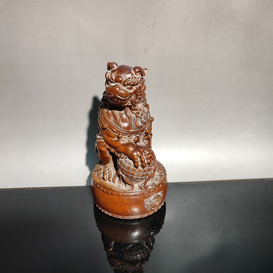 A Pair vintage wood carving room decor wooden Boxwood lion statue car decoration