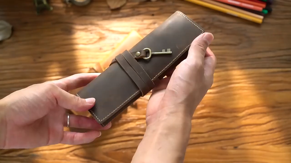 Pencil Case Genuine Leather Tie Rope W/Key Pen School Storage Bag Holder 20x18cm