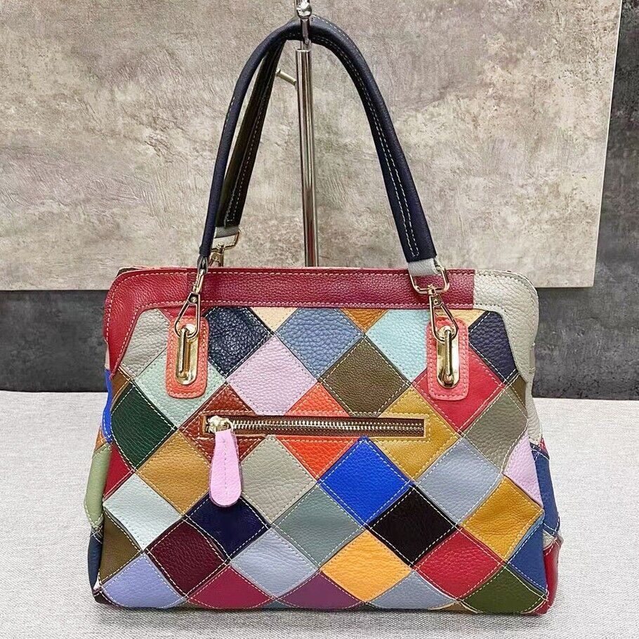 100% Genuine Leather Colorful Patchwork Handbag Women's Tote Shoulder Bag