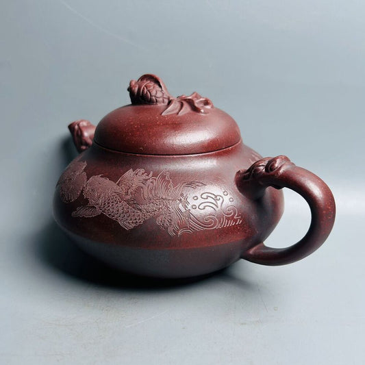 Vintage Chinese Yixing Purple Clay Teapot Zisha Ceramic Carving Fish Teaware Art