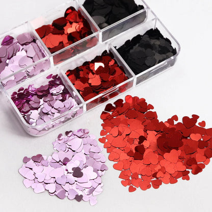 Nail Glitter Sequins 6Grids Mixed Red Black Heart Valentine's Day Manicure Decor