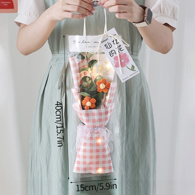 Crochet Flowers Bouquet Milk Cotton Hand-Knitted LED Light Gift Bag Floral Decor