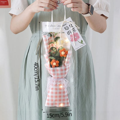 Crochet Flowers Bouquet Milk Cotton Hand-Knitted LED Light Gift Bag Floral Decor