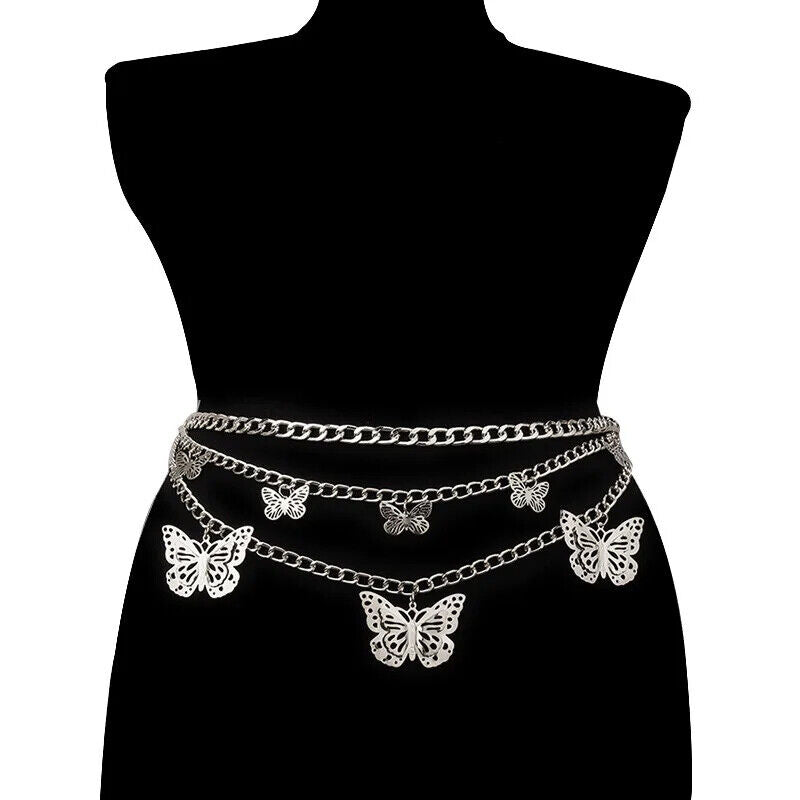 Women Belt Metal Shiny Silver Gold Butterfly Fashion Hollow Chain Thin Waistband