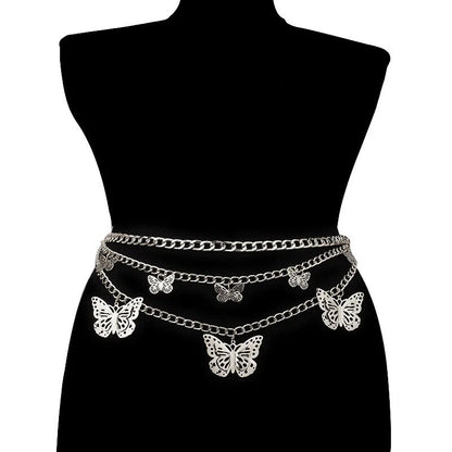 Women Belt Metal Shiny Silver Gold Butterfly Fashion Hollow Chain Thin Waistband