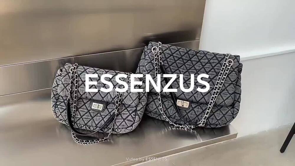 Large Quilted Denim Shoulder Bag Flap Purse Handbag w/ Chains Fashion Hobo Tote
