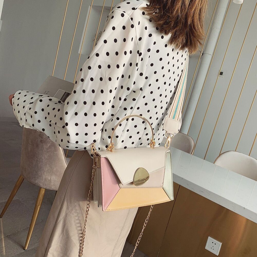 Contrast PU Leather Shoulder Messenger Bag Handle Strap Portable Bag