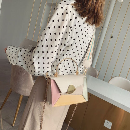 Contrast PU Leather Shoulder Messenger Bag Handle Strap Portable Bag