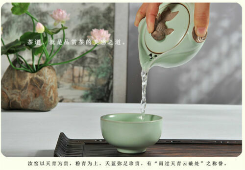 portable tea set porcelain tea pot with infuser gold fish statue on lid tea cups