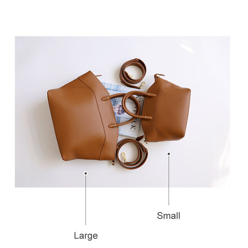 Trapezoid Real Leather Tote w/ Zipper Purse Shoulder Bag Handbag w/ Long Strap
