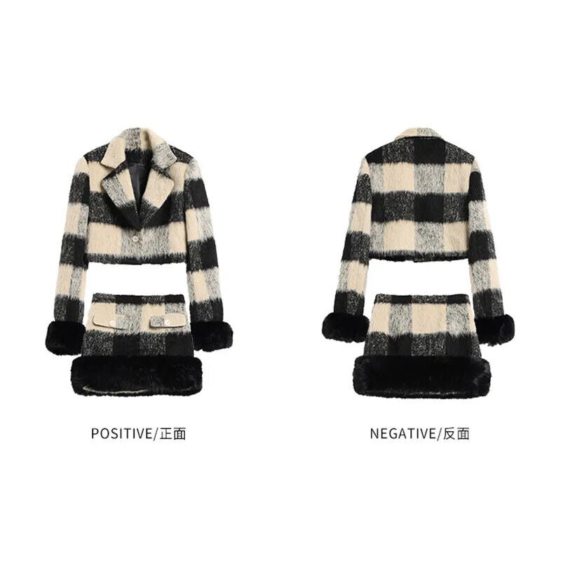 Spring Short Skirt Set Plaid Suit Set Women Skirt Office Ladies Two Piece