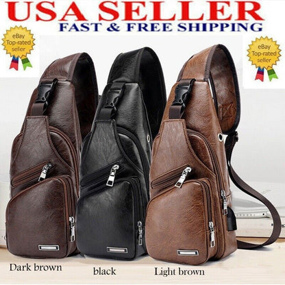 Men's Leather Chest Bag Shoulder Pack USB Charging Port Crossbody Handbag