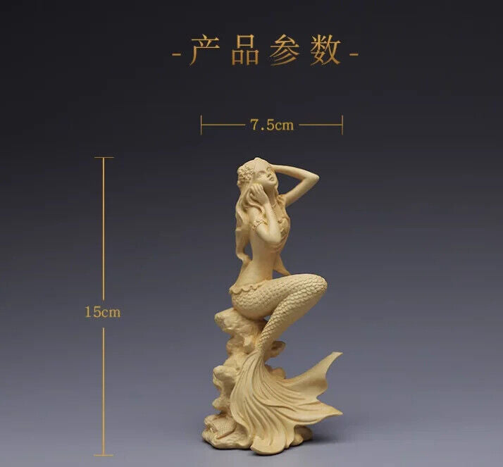 Huangyang Carved Mermaid Solid Wood Carved Crafts Office Beauty Figure statues