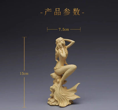 Huangyang Carved Mermaid Solid Wood Carved Crafts Office Beauty Figure statues