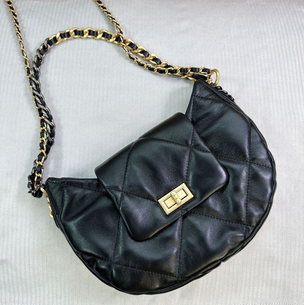 Quilted Lambskin Leather Hobo Purse Shoulder Bag Tote Handbag w/ Chains Fashion