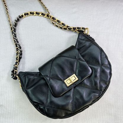 Quilted Lambskin Leather Hobo Purse Shoulder Bag Tote Handbag w/ Chains Fashion