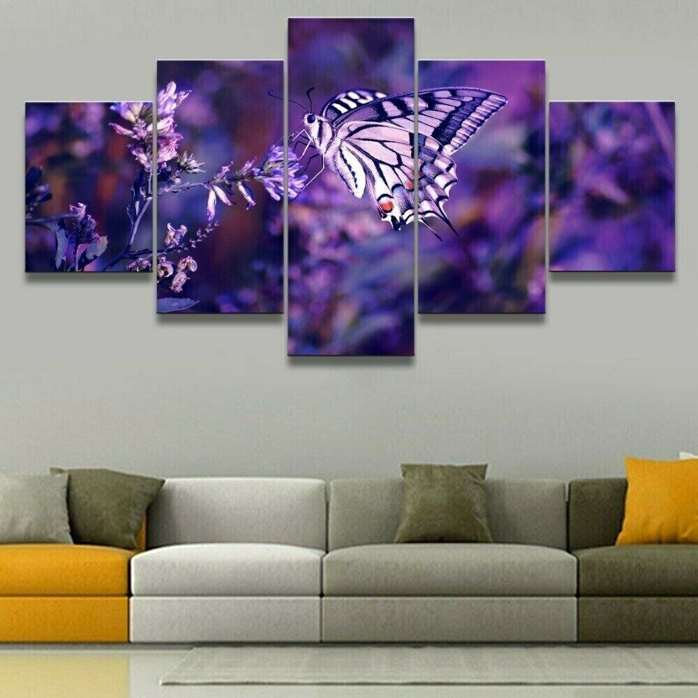 Purple Butterfly Wild Nature 5 Panel Canvas Print Wall Art Poster Home Decor