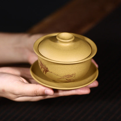 full handmade gaiwan real yixing zisha duan clay tureen hand carved bird 150ml