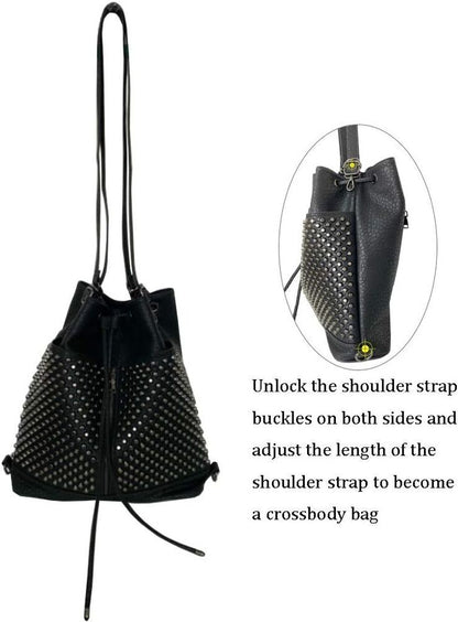 Chikencall Over-size Studded Bucket Bag for Women,3 Ways Multifunction Black