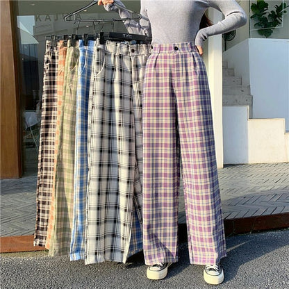 Women Pants Street Simple Vintage Plaid Causal Long Fashion Straight Wide Leg