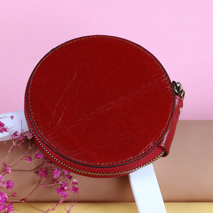 Handmade Cowhide Leather Coin Purse Retro Round Zipper Storage Bag Small Wallet