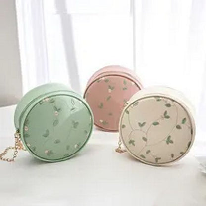 Sweet Lace Round Handbags Synthetic Leather Crossbody Bags Small Flower Chain