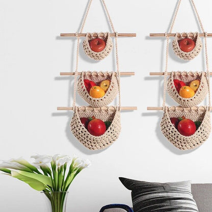 Hanging Fruit Basket Handmade Woven Jute Vegetable Storage Bag Kitchen Organizer