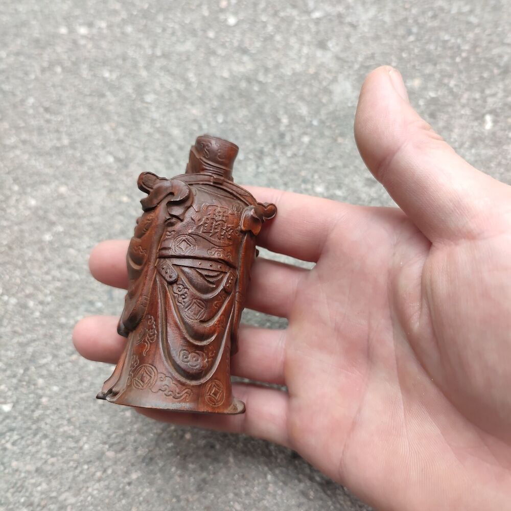 Vintage Wooden Ornaments Boxwood Carving Wealth Mammon Buddha Statue Figurine