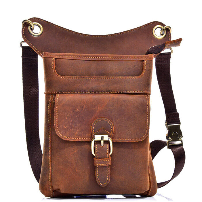 Crazy Horse Leather Mens Motorcycle Drop Leg Bag Tactical Thigh Waist Fanny Pack